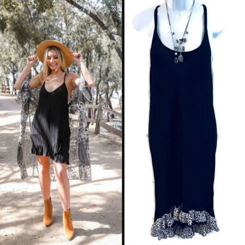 MARRIKA NAKK SLIP DRESS WITH HIGH/LOW LEOPARD RUFFLE TRIM HEM BLACK M